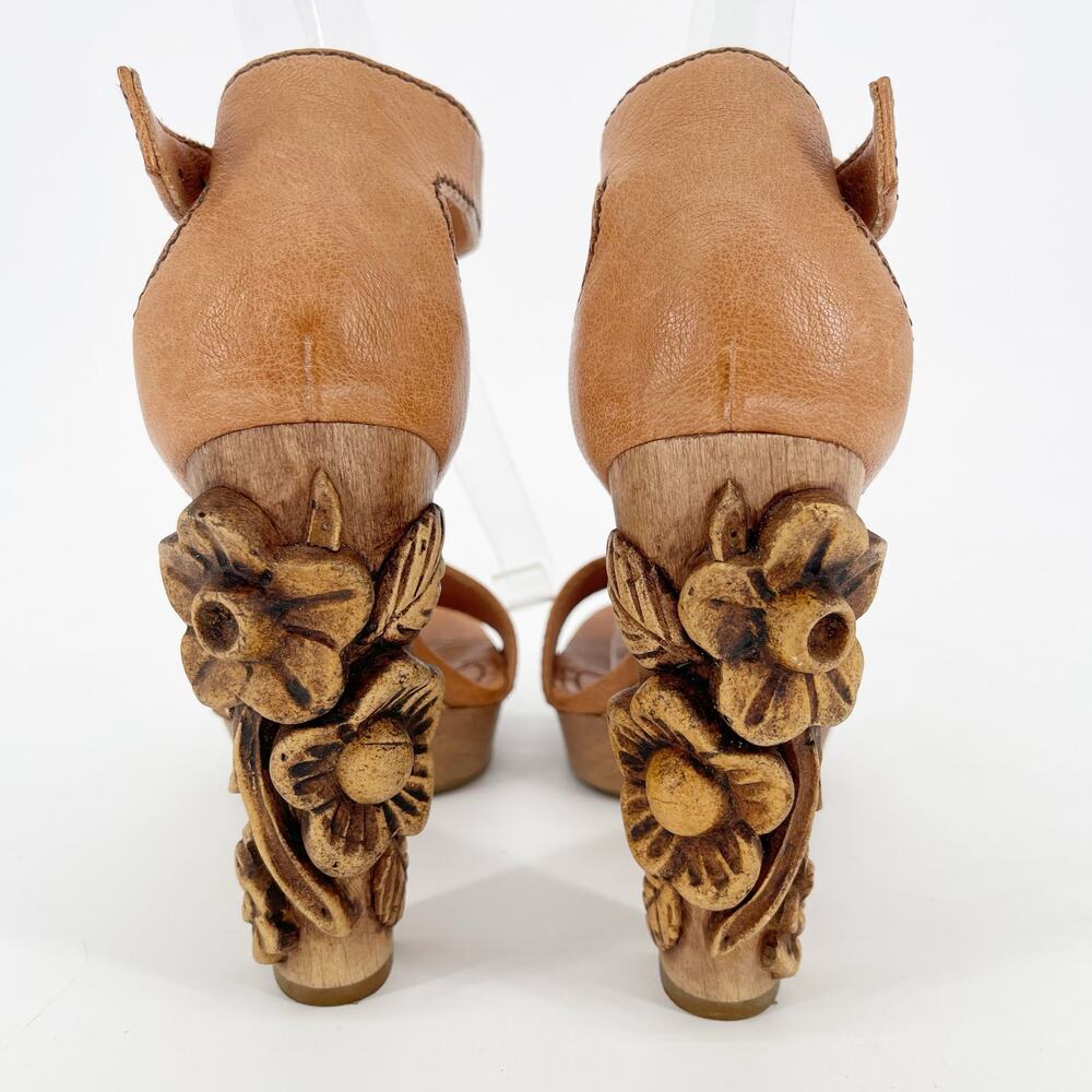 Miu Miu Vintage Camel Tan Floral Flower Carved Wood Heel Platform Sandal IT 37.5 - Picture 8 of 12